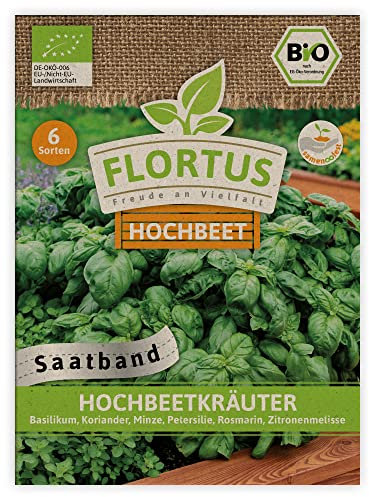FLORTUS BIO Hochbeetkräuter Saatbänder | 6 Sorten | Kräuter Samen Mix Saatband | Küchenkräuter Samen | Kräutersamen für Basilikum, Koriander, Minze, Petersilie, Rosmarin, Zitronenmelisse
