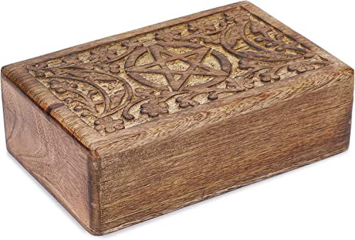 Ajuny Boîte à Bijoux Décorative en Bois Sculptée à la main Sculptures de Lune et d'étoiles Organiseur Rangement Vintage pour Souvenirs Coffre au Trésor de Voyage Porte Excellent Cadeau - 8x5 pouces