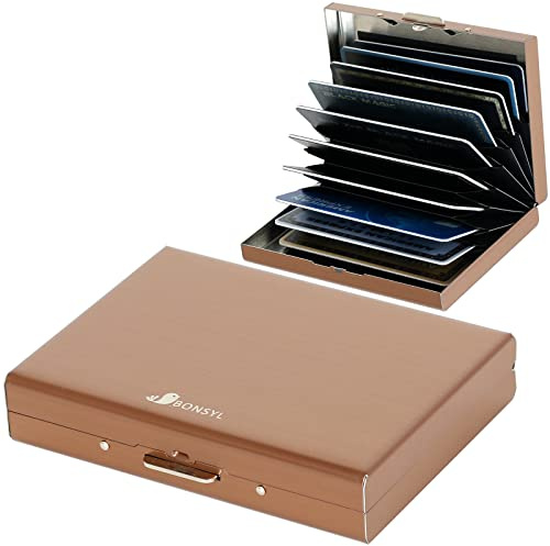 BONSYL® Porta Carte di Credito Portafoglio con Blocco RFID con 10 Scomparti, per Donna e Uomo, Porta Carte di Credito in Metallo in Acciaio Inossidabile. (10 Carte/Oro Rosa)