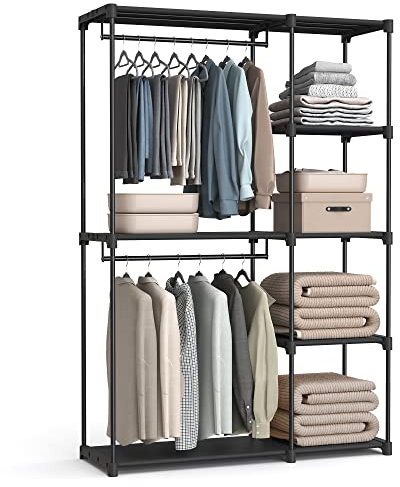 SONGMICS Open Wardrobe, Freestanding Wardrobe Vertical Shelf, Coat Rack with Clothes Racks, Dressing Room, Bedroom, 43 x 124 x 182 cm, Black RYG026B02