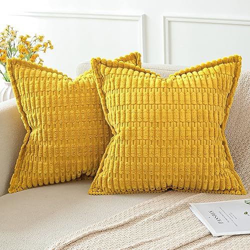 Artscope Mustard Yellow Cushion Covers Set of 2 Corduroy Decorative Square Striped Pillowcase with Stitched Edge Pillow Covers 50x50cm for Home Decor Sofa Bedroom Car
