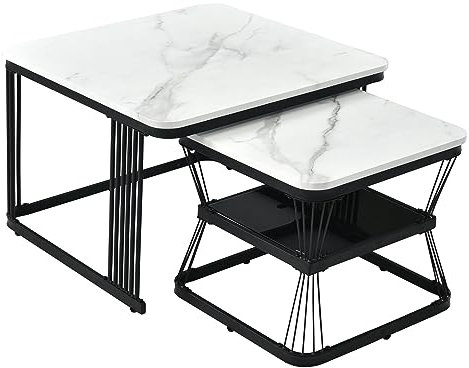 BTM Nest Tables, Square Coffee Table Coffee Table Set Nesting Sofa Table Multi-functional End Table Side Table with Black Metal Frame Legs and Marble Pattern White Top