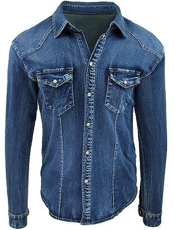 Evoga Camicia di Jeans Uomo Denim Casual con Collo alla Coreana Slim Fit (S, #C1 Blu Denim Elasticizzata)
