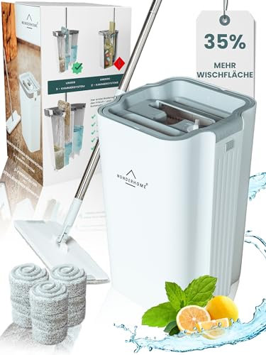 WONDERHOME Wischmopp Set mit Eimer - Bodenwischer mit innovativem 3-Kammersystem - Wischer mit großem Putzeimer - Bodenwischer-Set - Wischmopp mit Auswringfunktion - TripleClean Plus inkl. 3X Pads