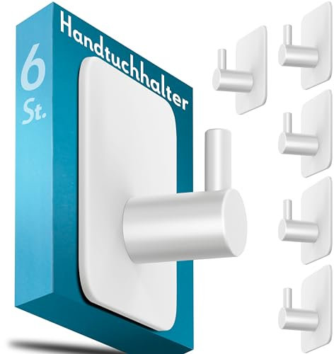 Menz Handtuchhalter ohne Bohren, 6 Stück, weiß - Edelstahl Badezimmer Handtuchhalter, wasserfeste Klebehaken, langlebige Haken fürs Bad, Haken selbstklebend, ideal als funktionale Handtuchhaken
