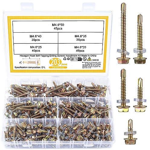 QJKEJI 203 Pezzi M4.6 Viti Autoperforanti a Testa Esagonale, Viti Autofilettanti per Lamiera con Rondelle, Set Viti Esagonali Autoperforanti, Viti Autoforanti per Lastre Ondulate, Lamiera Tetto Ferro