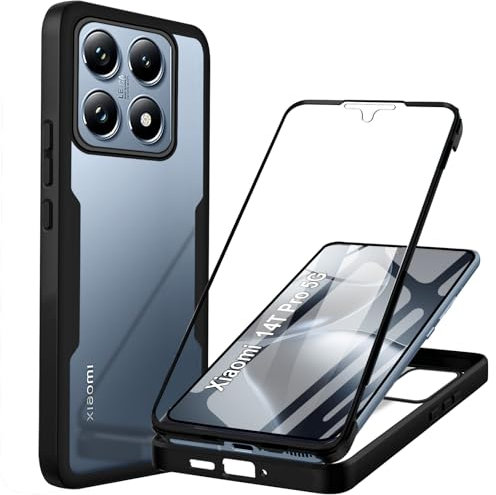 Funda para Xiaomi 14T Pro 5G Carcasa para Antigolpes 360 Grados Protección con Protector de Pantalla Integrado Robusto Doble Cara Ultrafina Transparente Bumper Carcasa para Xiaomi 14T Pro 5G, Negro