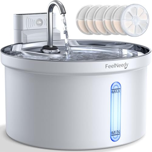 Fuente para Gatos Sin Cable con Sensor [Separación de Agua y Batería] FEELNEEDY Dispensador Automático de Agua en Acero INOX para Mascotas Inalámbrica con Batería 4000mAh, 3.5L, 6 Filtros, ABS Blanco