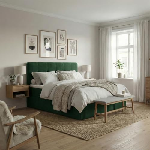 Imebel Boxspringbett Holly 180x200 cm mit Bonnell-Matratze H3 und 3 cm Topper – 2 Bettkästen – Samt Velours Polsterbett mit gestepptem Kopfteil – Doppelbett mit Stauraum