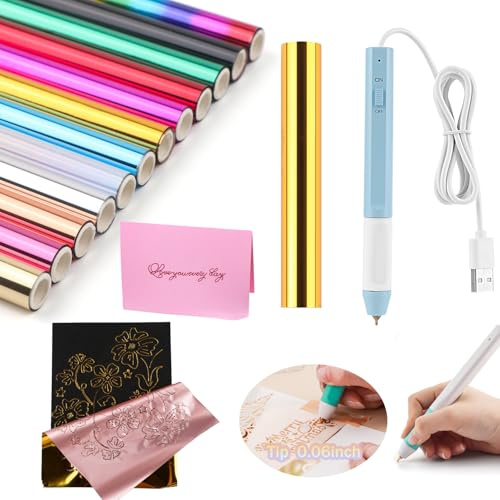 14PCS/Set Hot Heated Foil Pens & Hot Foil Roll Set for Card Making Craft Scrapbooking Drawing Pen with USB Cable DC5V Write, Draw, Trace, and Stencil Your Way to Shiny Foiled Beauty Using the Hot Foil