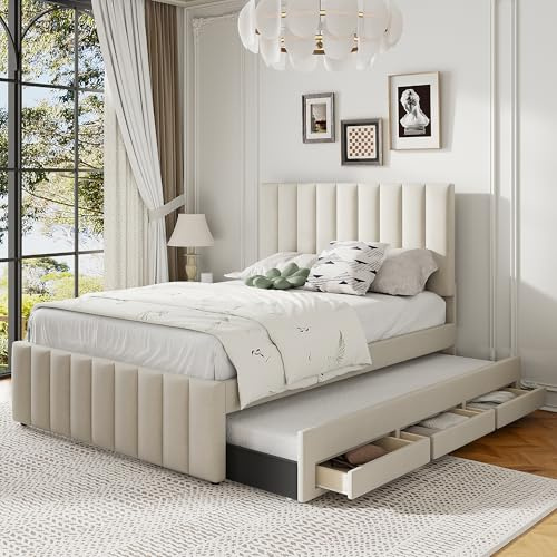 Harper & Bright Designs Full Size Bed with Pull-Out Trundle and 3 Storage Drawers Underneath, Linen Upholstered Full Platform Bed with Headboard for Kids, Teens, Adults (Full, Beige)