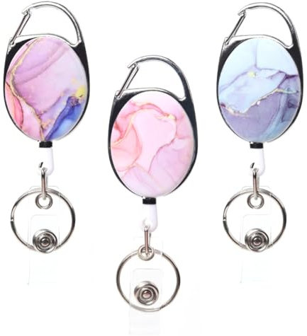 FENQURO 3 Pcs schlüsselband, Einziehbare Ausweisrollen, Rosa Marmor, doppelseitiges Farbdruckmuster Einziehbare Ausweishalter, mit einziehbarem Schlüsselanhänger, Ausweisclip