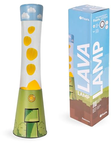 Fisura – Lampada lava gamer. Base decorata, liquido trasparente e lava gialla. Perfetta per creare un'atmosfera unica nel tuo spazio gaming. Lampadina di ricambio inclusa. 11 x 11 x 41,5 cm.
