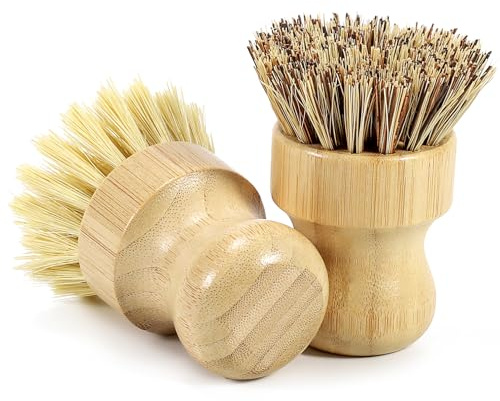 DEBETOOL 2-Pack Bamboo Dish Brush – Natural Dish Scrub Brush with Sisal & Palm Bristles for Non-Stick Pans, Pots, Vegetables, and Kitchen Cleaning