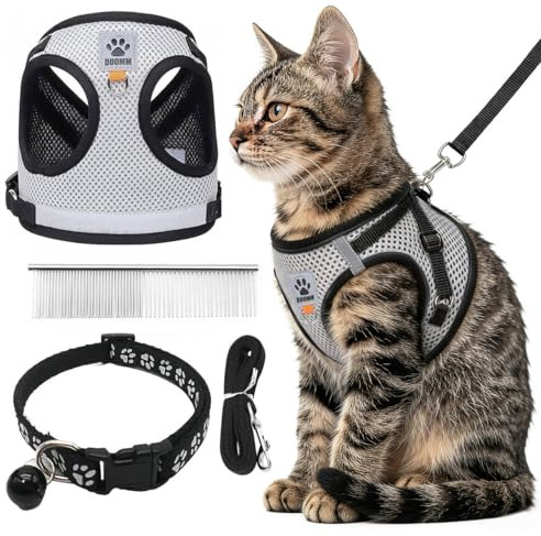 CUEMOON Pettorina e Guinzaglio per Cani, Pettorina Riflettente per Cuccioli, Set di imbracatura e guinzaglio per cuccioli, gatti e gattini (Grigio, S)