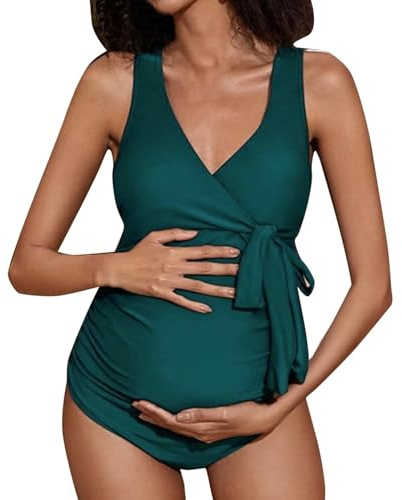 Maillot de Bain Femme Maternité Maternité Couverture Ample Enceinte Enceinte Maillot Grossesse Maternité Bikinis 1 pièce Grossesse Enceintes Swimwear Maillot De Bain Dos Couverts (Green, L)