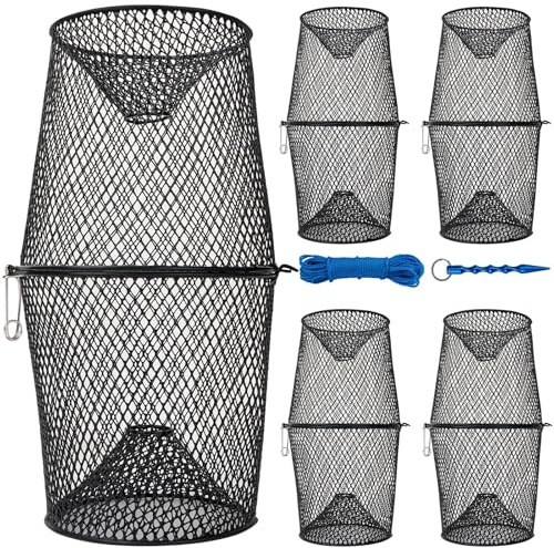 QualyQualy 5-Pack Heavy Duty Minnow Trap, Crawfish Trap Kit Vinyl-Coated Metal Mesh with 1.4 Entry Holes Specially for Minnows Crawdad, Crayfish, Bait Fish Traps with 47ft PE Rope for Creeks, Rivers