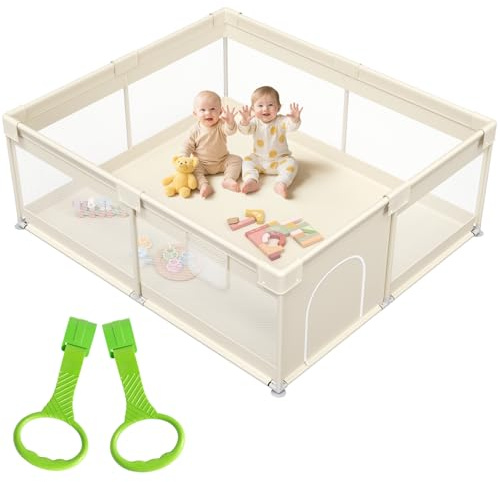Julrrimg Laufstall Baby 175x150 cm – Großer Baby Laufgitter XXL Sicherheitsspielplatz Kinder mit Netzdesign, ideal für den Innenbereich, Beige