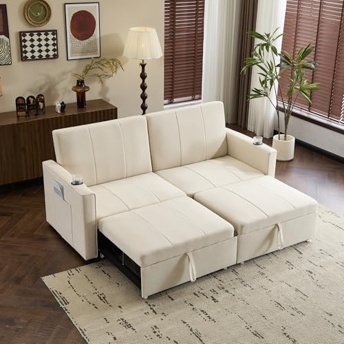 ModernLuxe 207cm King Size Independent Pull Out Sofa Bed, Convertible 2 Seater Sofa Chair with Cup Holders and Side Pockets, Fabric Love Seat Couch Chaise Lounge for Living Room, Apartment, Beige