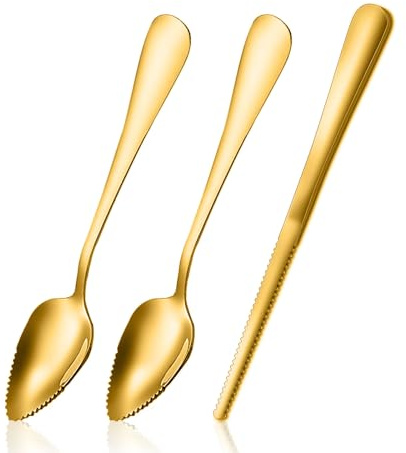 Grapefruit Spoons Serrated Edge Knife Stainless Steel Utensil Tool Dessert Spoon for Citrus Lemon Kiwi Salads Melon Lime Pitaya Apple Fruit Puree (Gold)