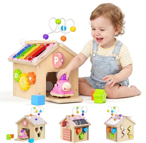 Cube de motricité avec voiture Press to Go pour bébé 1 an Jouet Enfant Montessori en Bois avec Xylophone, Labyrinthe de Perles Moteur Jeux Cadeau Noël et anniversaire pour fille garçon 2 3 Ans