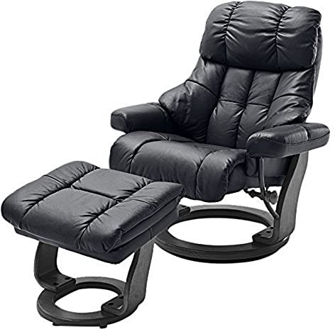 Robas Lund Relaxsessel Calgary XXL mit Hocker, bis 180 kg belastbar, Echtleder schwarz, Gestell Holz schwarz, 64038SX5