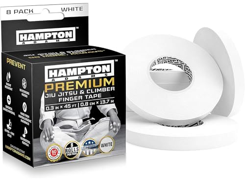 Hampton Adams | As Seen on Shark Tank | Pro Finger Tape (8-Pack) | for BJJ Bouldering Crossfit Weightlift | Non-Slip Extreme Quality No-Fray Climbing Tape | Extended Wear Super Strong Adhesive (White)