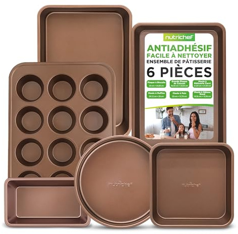 NutriChef Set di 6 Teglie da Forno Antiaderenti in Acciaio al Carbonio per Biscotti, Muffin, Torte e Pane, Resistenti ai Graffi, Lavabili in Lavastoviglie, Oro
