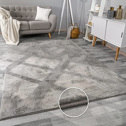 Paco Home Hochflor Teppich Wohnzimmer Flauschig Fellteppich Kunstfell Plüsch Shaggy Weich Fellimitat, Grösse: 160x220 cm, Farbe: Grau