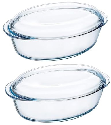 Pyrex Essentials Glass Oval Casserole Dish with Lid 4.0L Transparent (Pack of 2)