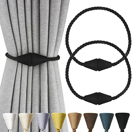 Nieffeiy 2 Pack Magnetic Curtain Tiebacks Rope Modern Handmade Curtain Tie Backs Decorative Drapes Weave Holdbacks for Window Décor, Black