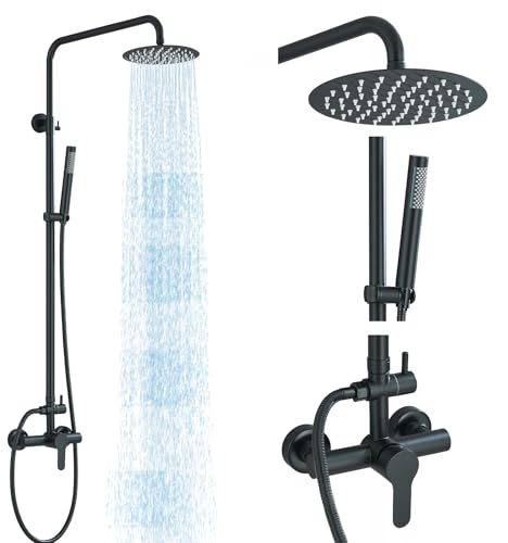 MOSSON Shower System Matte Black Outdoor Shower Fixtures with 8 Rain Shower Head Handheld Sprayer Single Handle 304 Stainless Steel Wall Mounted Shower Shower Faucet Combo for Bathroom or Backyard