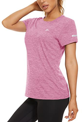 KEFITEVD Yoga Shirt Damen Kurzarm Leicht Wandershirt mit Rundhalsausschnitt Stretch Polyester Tshirt Atmungsaktiv Dünn Sommershirt Regular-Fit Oberteil Meliert Rosa L