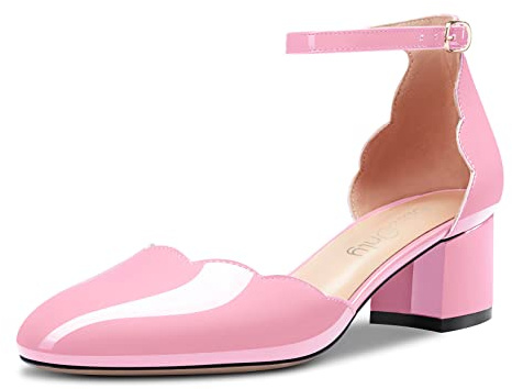 NobleOnly Femmes Bloc Chunky Bas Talon Heel Fermé Rond Bout Lanières Cheville Escarpins Boucle Mariage Bureau Party Dress Sandales 5 CM Heels Rose 36 EU