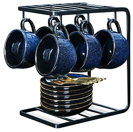 vicrays Lot de 6 tasses à café en céramique de 118 ml avec soucoupes, cuillères et support en métal pour thé, café, cappuccino, latte, bleu