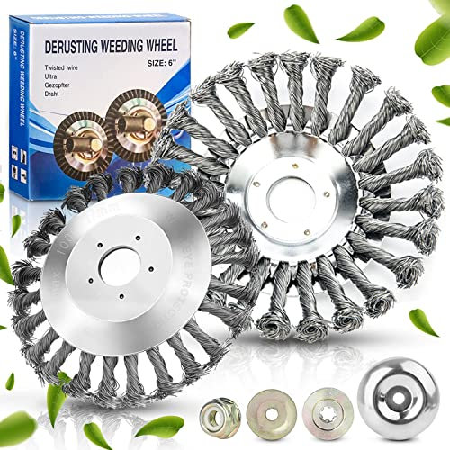 Tête de désherbage Fil d'acier, Brosse à Désherber Ronde, Tête Brosse Désherbage avec 4 Accessoires, pour Les Jardins, Les pelouses, Les espaces Verts et la Tonte Pastorale (6 inch)