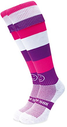 WackySox Calcetines de rugby originales Hoop, calcetines de hockey, calcetines deportivos para hombres y mujeres, adecuados para equitación, deportes, fútbol, hockey y correr, Morado, rosa, blanco, M