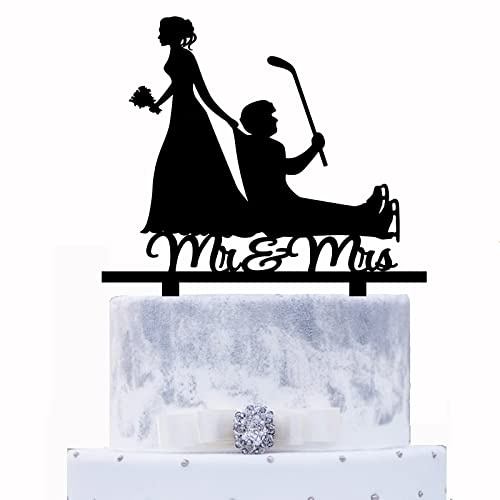 Funny Ice Hockey Wedding Cake Topper - Puck Player Hockey Sticks Wedding Cake Decoration - Mr & Mrs Cake Topper Ice Hockey Sport Theme Wedding/Bridal Shower/Anniversary Party Supplies