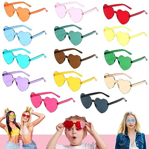 14 pièces Forme de Coeur Lunettes de Soleil Sans Cadre Fête,Lunettes Couleur Candy Transparente pour Hommes Femmes Enfants,Accessoires pour Photobooth Festival Disco Bachelorette Party Anniversaire