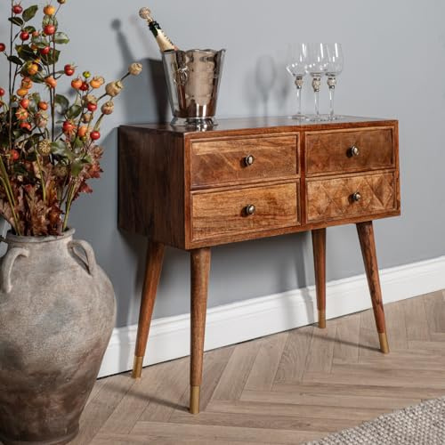 Elm home and garden Solid Mango Wood 4 Drawer Console Hall Telephone Table 76cm High x 80cm Wide x 35cm Deep