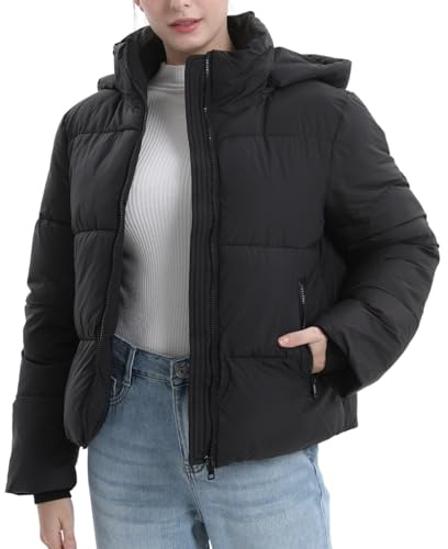 PUFFIT Women's Cropped Puffer Jackets,Warm Winter Jacket with Removable Hood,Zipped Pockets,Short Ladies Quilted Coat