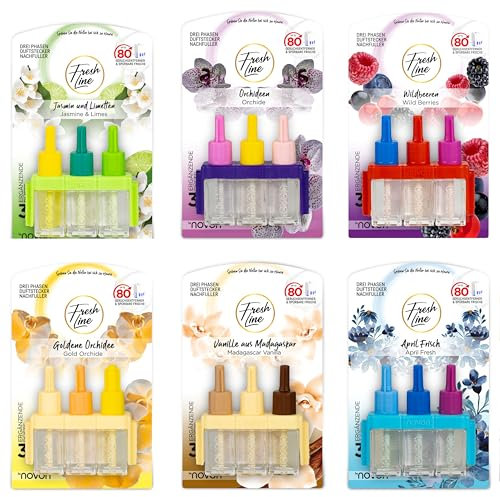 FRESH LINE® Duftstecker Nachfüller 6er Pack (3x7ml) – 3-Phasen-Wechsel – komp. zu 3VOLUTION – Lufterfrischer – 6 Düfte: Wildbeeren, Jasmin Limetten, Aprilfrisch, Goldene Orchidee, Vanille, Orchideen