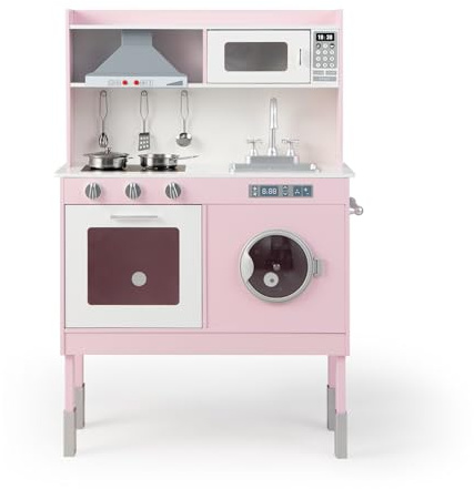 HOMASIS Cucina Giocattolo con Altezza Regolabile, Cucinetta per Bambini con Cappa Aspirante e Forno a Microonde, Cucin con Suoni e Luci in Legno per Bambini dai 3+ Anni (Modello 1, Rosa)