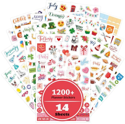 Planner Stickers - 14 Sheets Set of 1200+ Monthly Seasonal Stickers for Journals, Planners or Calendars