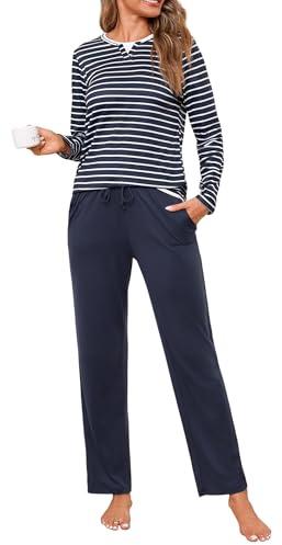 Jahetuul Conjunto de Pijama Mujer Largo Algodón Cuello Redondo con Diseño de Escote en Capas Parte Superior a Rayas Ropa de Dormir Cálida para Otoño e Invierno