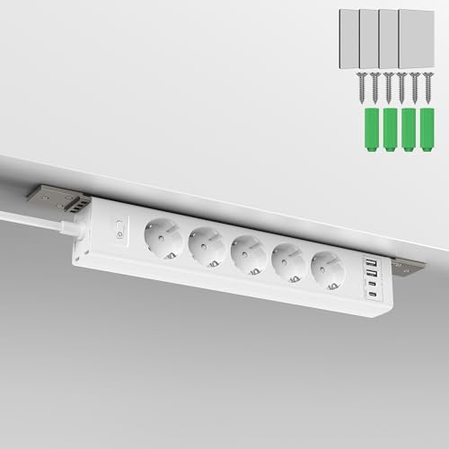 5-Fach Steckdosenleiste zur Untertischmontage,2USB-C (PD20W)+2USB-A(QC3.0 18W),4000W Mehrfachsteckdose Untertisch montierbar mit Überlastschutzschalter,Unsichtbare Kabelmanagement-Lösung,2m Kabel