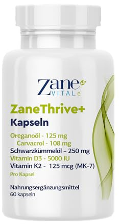 ZaneThrive+ Oreganoöl, Schwarzkümmelöl, Vitamin D3 & K2 Nahrungsergänzungsmittel – Hochdosiert – Mit Carvacrol & Thymoquinon – Gentechnikfrei, glutenfrei – 60 Weichkapseln von Zane Vital.