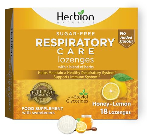 Herbion Naturals Respiratory Care Lozenges, Sugar-Free Honey Lemon Flavour – Herbal Blend for Throat Comfort & Respiratory Wellness – 18 Lozenges, No Added Colours
