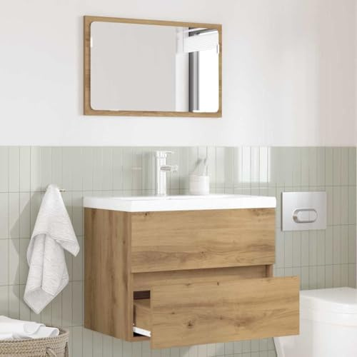 Holamys Juego de muebles de baño de 2 piezas de madera contrachapada de roble Artisan y metal, espejo de 60 cm, montaje en pared, almacenamiento para baño y aseo, duradero