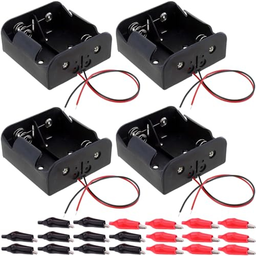 HAAMNING7 2 fack D-cellbatterihållare med två kablar, 70 x 70 mm, 3 V, D-storlek batterilåda med trådar, med justeringsklämmor (4-pack)